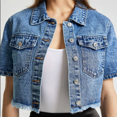 thumbnail image 4 of Women's Short Sleeve Denim Jacket Button Down Trucker Jacket Y2K Cropped Jean Jackets Blue XS, 4 of 7