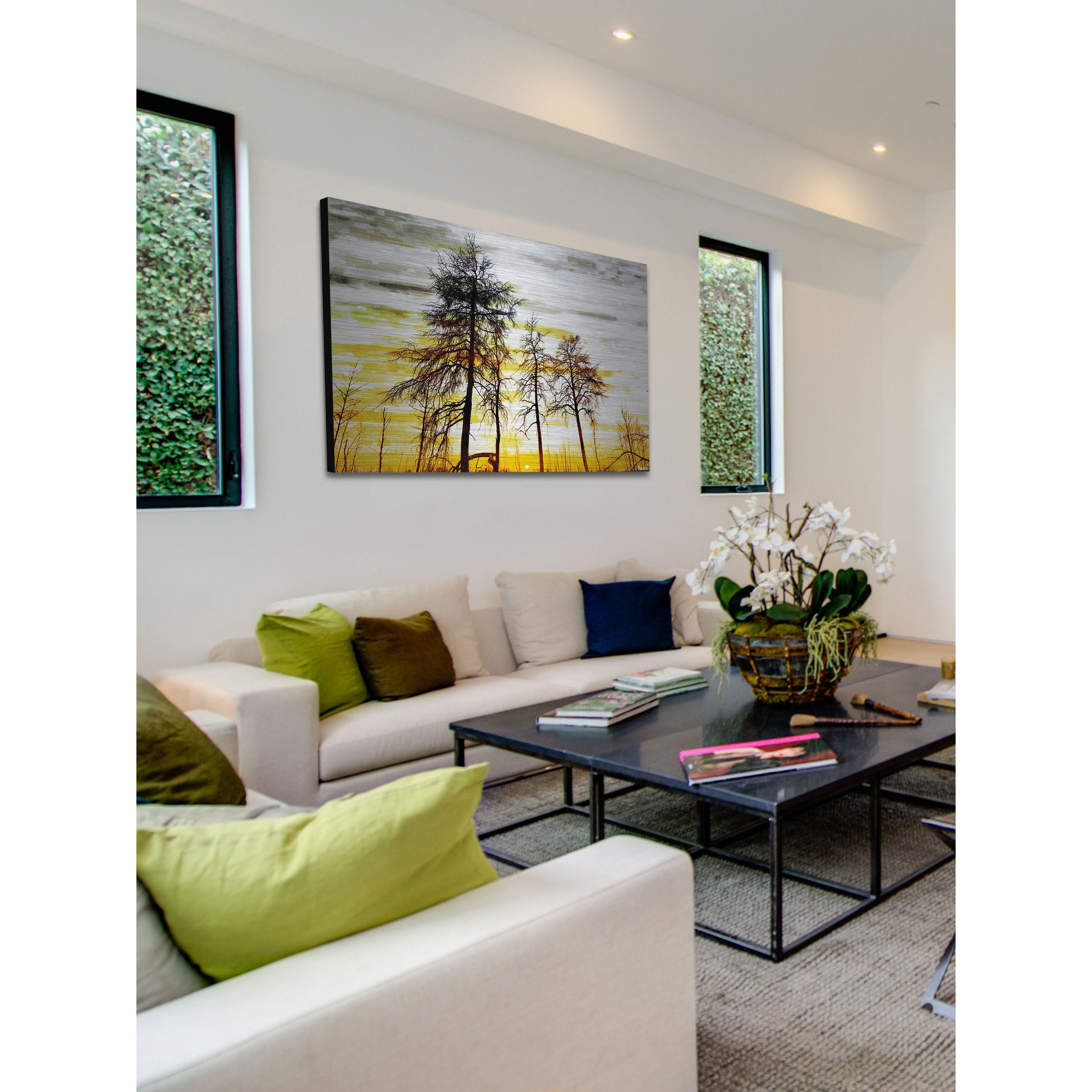 "Trees Against Gold Sky" Painting Print on Brushed Aluminum