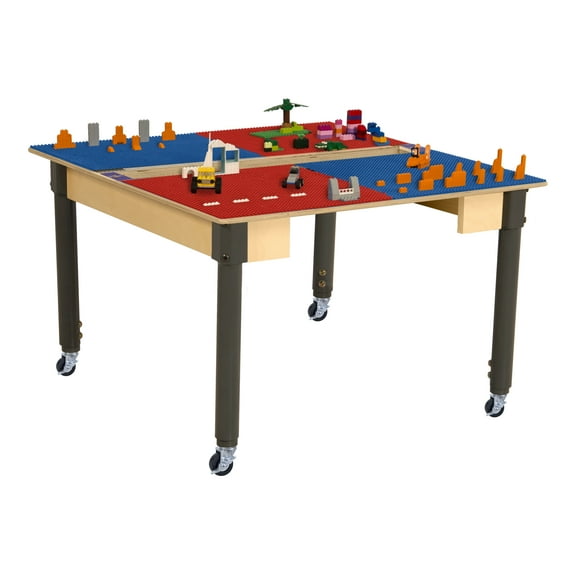 Time-2-Play 35" Square Birch Plywood Red & Blue Montessori Lego Compatible Building Blocks Table with Wheels, Trough for Kids [18”-29” Adjustable Legs]