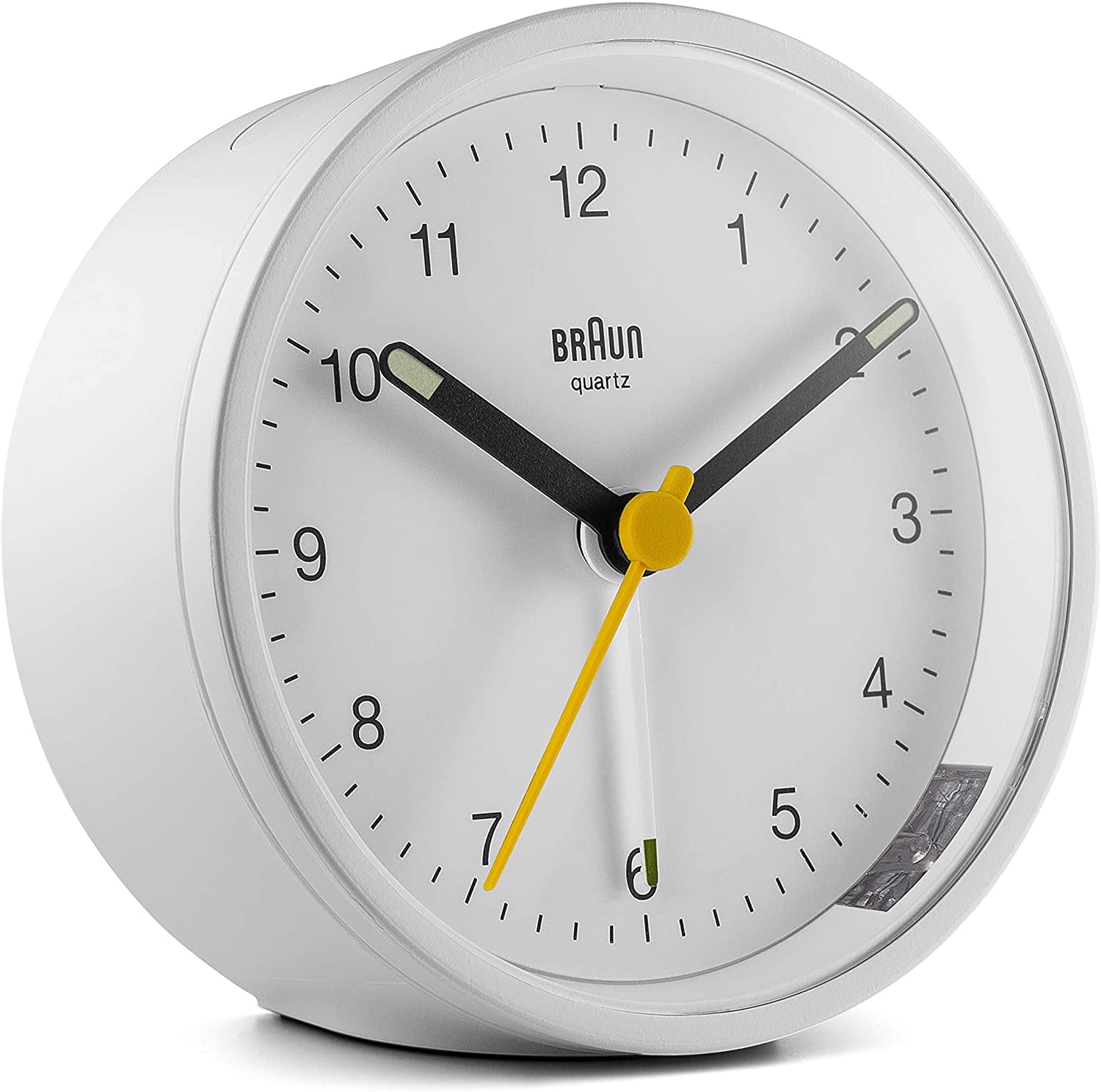 Braun Classic Analogue Alarm Clock with Snooze and Light, Quiet Quartz Movement, Crescendo Beep Alarm in White, model BC12W.