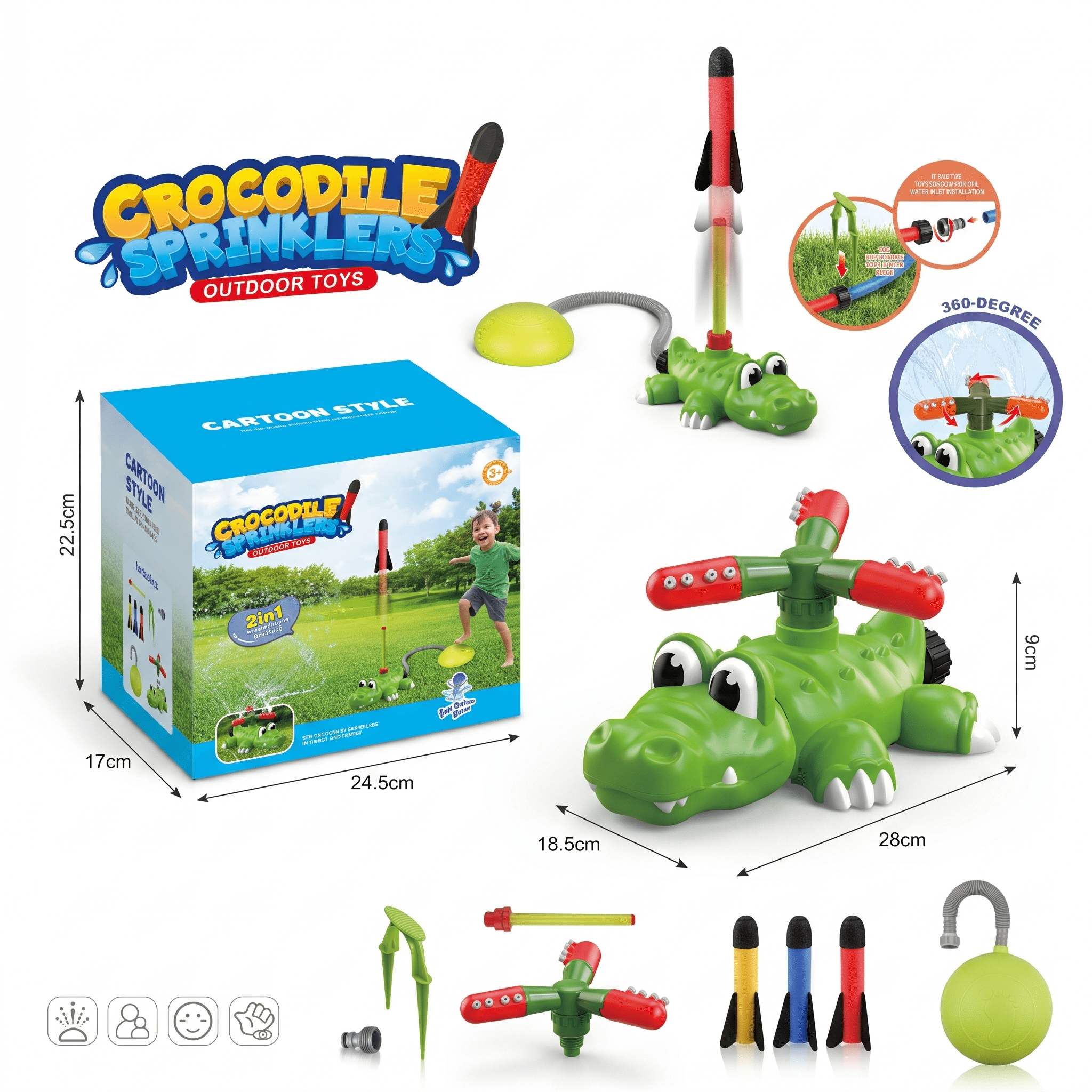 CQHVKQ 2-in-1 Kids Water Sprinklers & Rocket Launch Game Toy, Crocodile Rocket Launcher Sprinkler for Backyard, Outside Yard Water Toys for Boys Girls, Summer Toddlers Outdoor Toys for Kids Ages 4-8