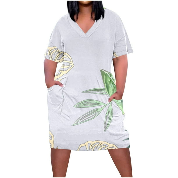Vestido Corto de Verano Moda Grande Impresión de Manga Corta Cuello en V Bolsillo Mini Vestido para Casual Y Diario