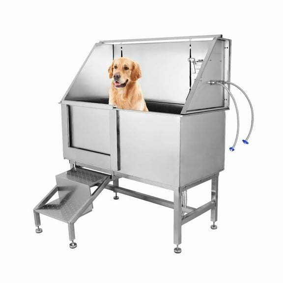 Towallmark 50 Inch Professional Dog Grooming Tub, Stainless Steel Pet Washing Station With Retractable Stairs, Large Dog Bathtub For Small & Big Dogs, Left Side Door