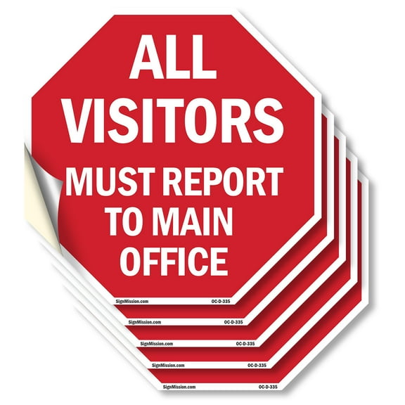 All Visitors Must Report to Main Office (5 Pack) 4 inch X 4 inch Octagon Vinyl Label Decal Sticker Weather Resistant, UV Protected for Workplace, Made in the USA