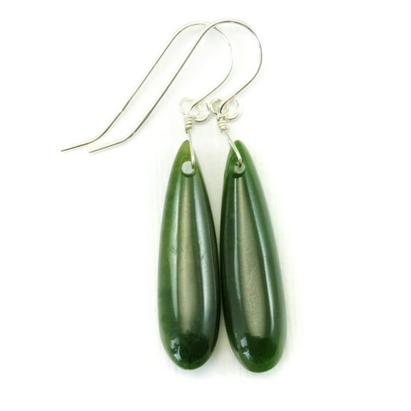 Green Jade Earrings Nephrite Smooth Long Teardrops Sterling Silver Spyglass Designs