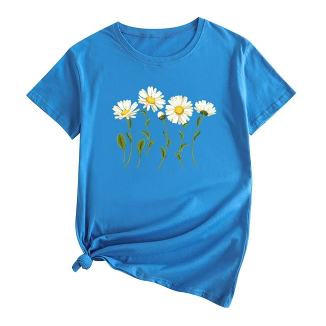 SMihono Hauts pour Femmes Été Chic Décontracté Imprimé Floral Chandail Col Rond Manches Courtes T-shirt Oversize pour Femmes