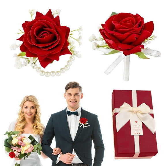 Kabuer Red Rose Wrist Corsage and Matching Boutonniere Set for Wedding Flowers Accessories Wedding Party Prom Suit Decoration