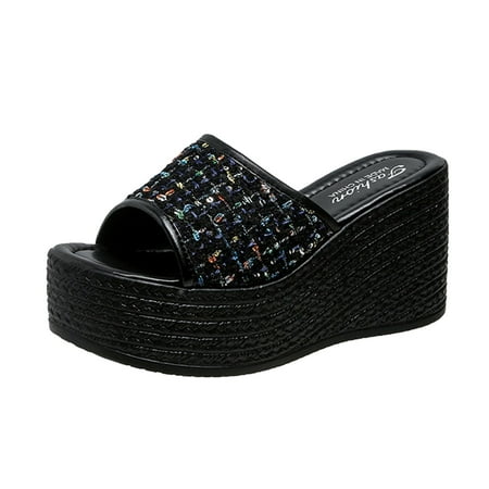 

LUOGENLI Female Summer Women s Slide Sandals Leather Ladies Fashion Summer Colorful Cloth Open Toe Thick Sole Slope Heel Sandals Women Sandals Wide Width Size 11