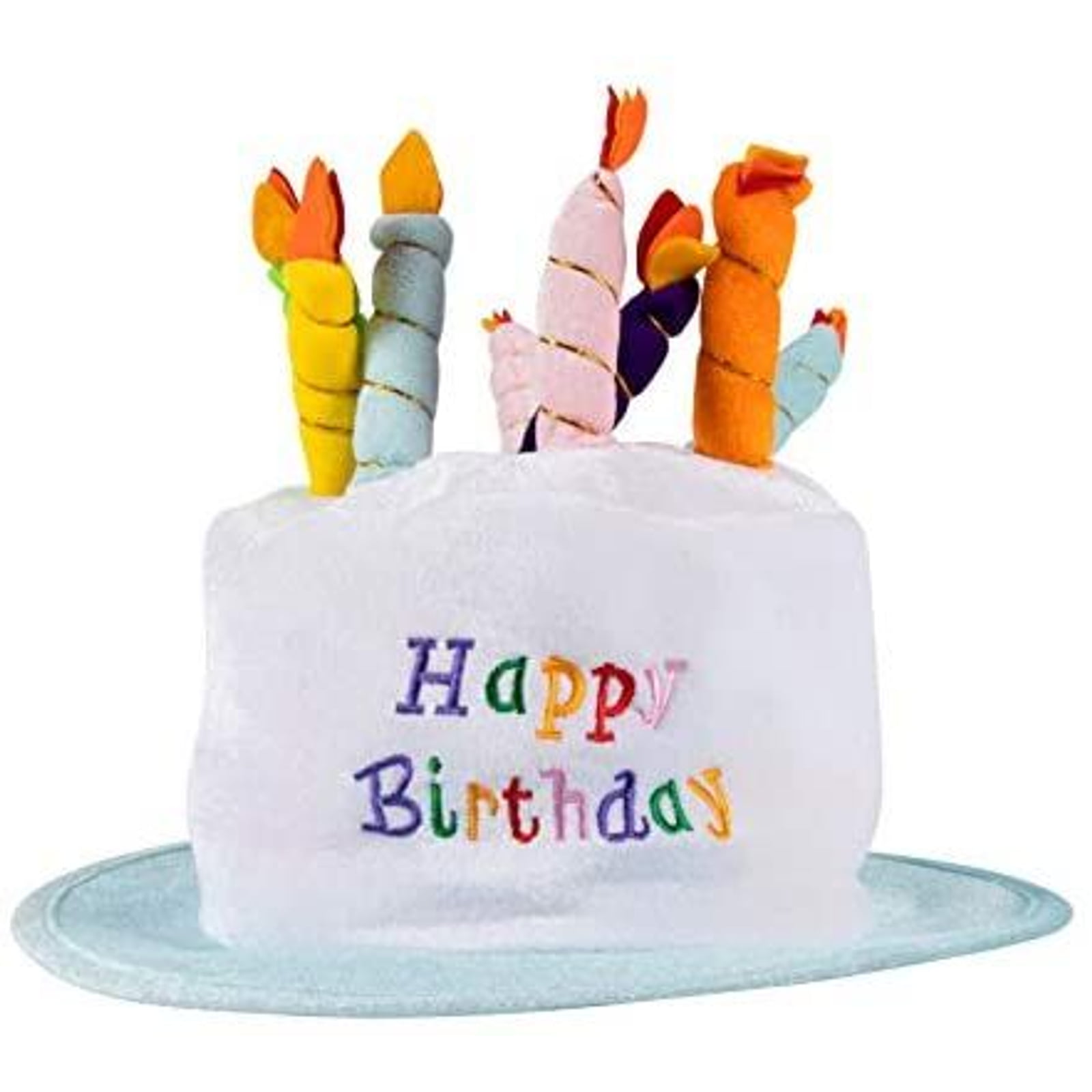 BLUE TINSEL BIRTHDAY CAKE NOVELTY HAT WITH CANDLES 