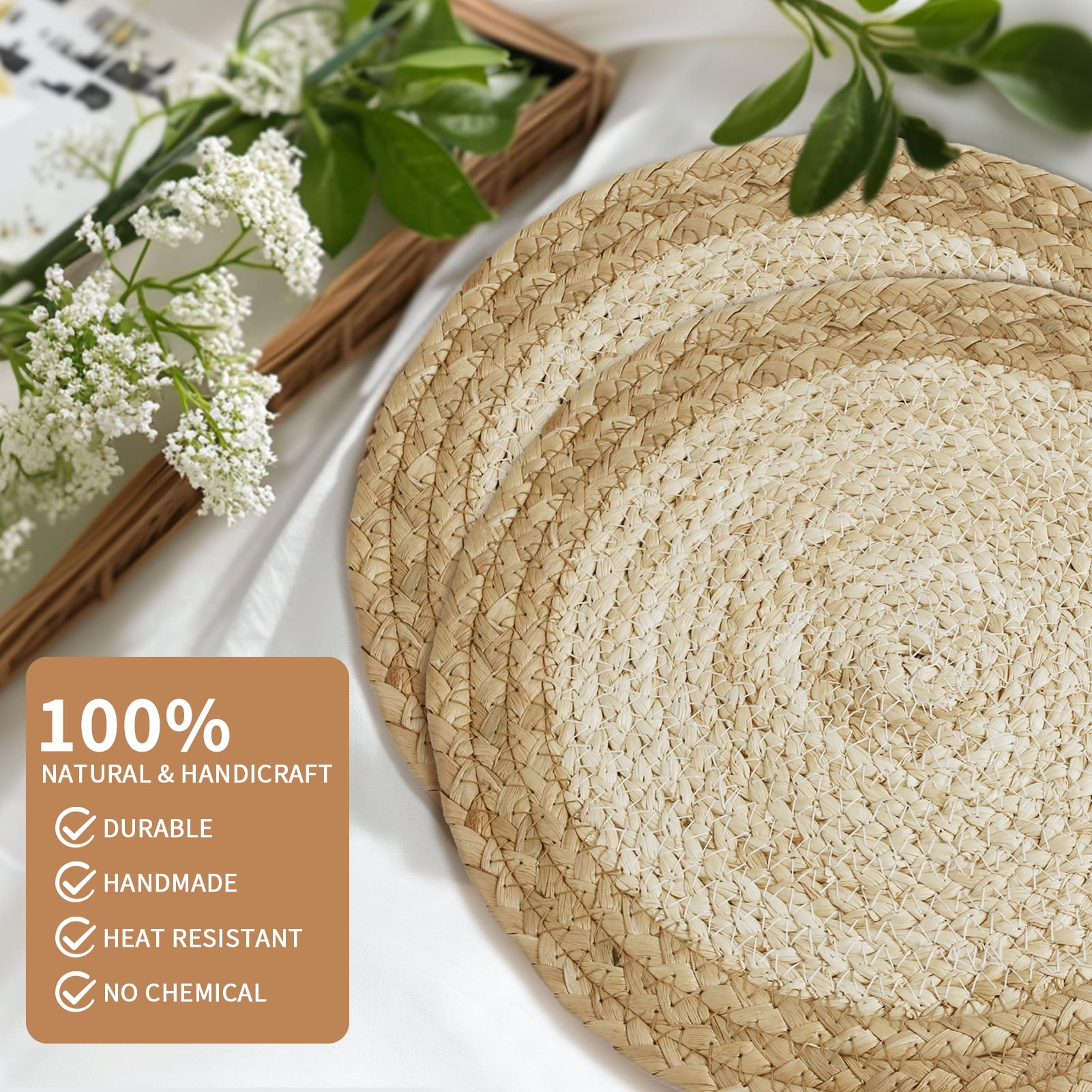 6 Pack Round Woven Placemats Natural Water Hyacinth Wicker Place mats Braided Straw Table Mats Charger Plates for Dining Table, Fall, Thanksgiving, Christmas (11.8 inch)