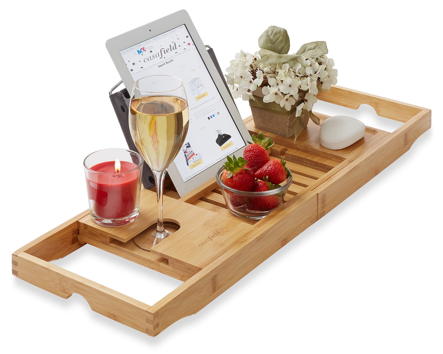 Candle//Glass Holder Phone Holder and Wine Glass slots Extendable Table Luxury Bamboo Bath Tray Wooden Bathtub Caddy and Breakfast Tray with Ipad//Tablet Holder Perfect Bathroom Accessories CORAZON HOME .