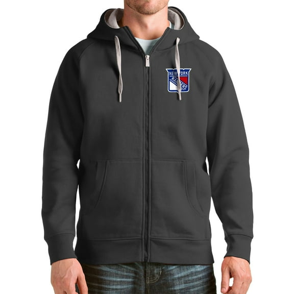 Men's Antigua Charcoal New York Rangers Logo Victory Full-Zip Hoodie