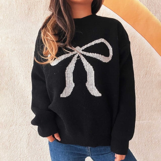 Ailaofu Womens Fall Winter Casual Sweater Cute Bow Crewneck Long Sleeve Baggy Knit Sweatshirt Top Trendy Aesthetic Clothes