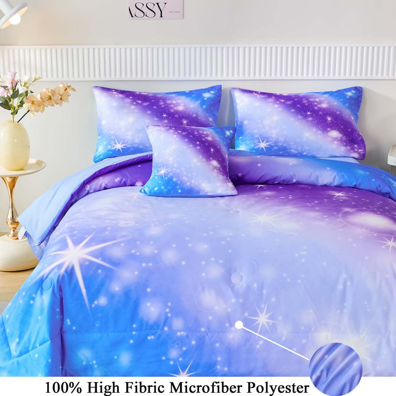 URBONUR Colorful Rainbow Galaxy Girls Comforter Set, 4Pcs Blue Gradient Glitter Bedding Set for Kids/Girls/Teens, Sparkle Galaxy Bed Comforter Set for All Season