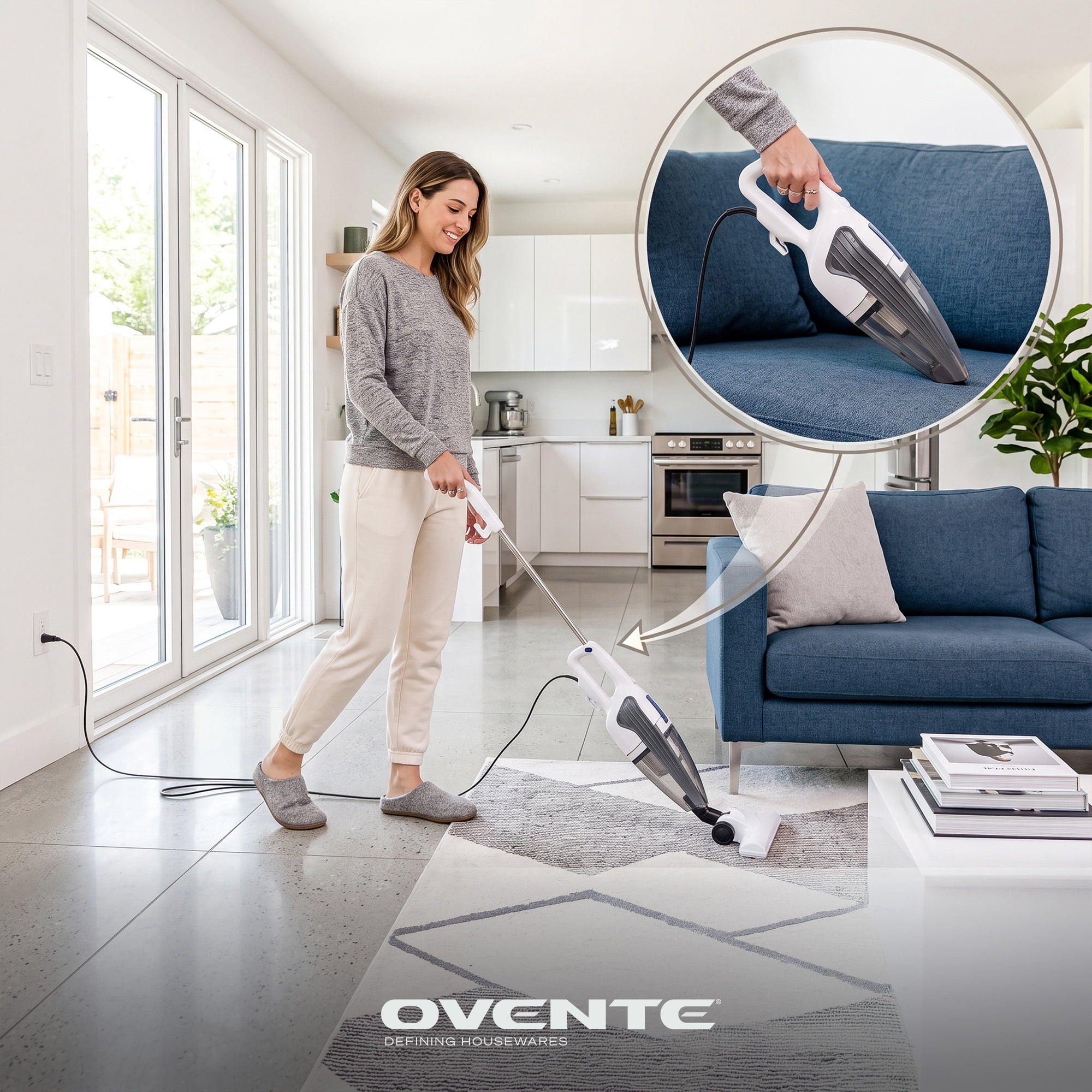 OVENTE Electric Corded Stick Vacuum, 600W Motor, White ST101WP | Powerful Suction, Handheld Lightweight Bagless Multi-Surface Cleaner for Home, Includes Floor Brush and Crevice Nozzle Tool