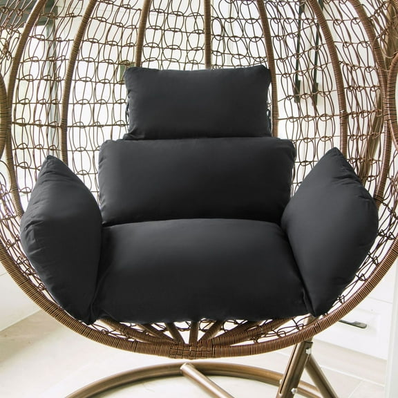 Djiypn Egg Chair Cushion Waterproof - Indoor Outdoor Thicken Hanging Basket Swing Cushion, Hanging Egg Chair Cushion Replacement with Headrest for Patio Garden Furniture(Black)