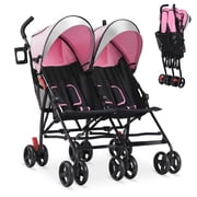 Babyjoy Foldable Twin Double Stroller Kids Ultralight Umbrella Stroller Pushchair 18 lbs Pink