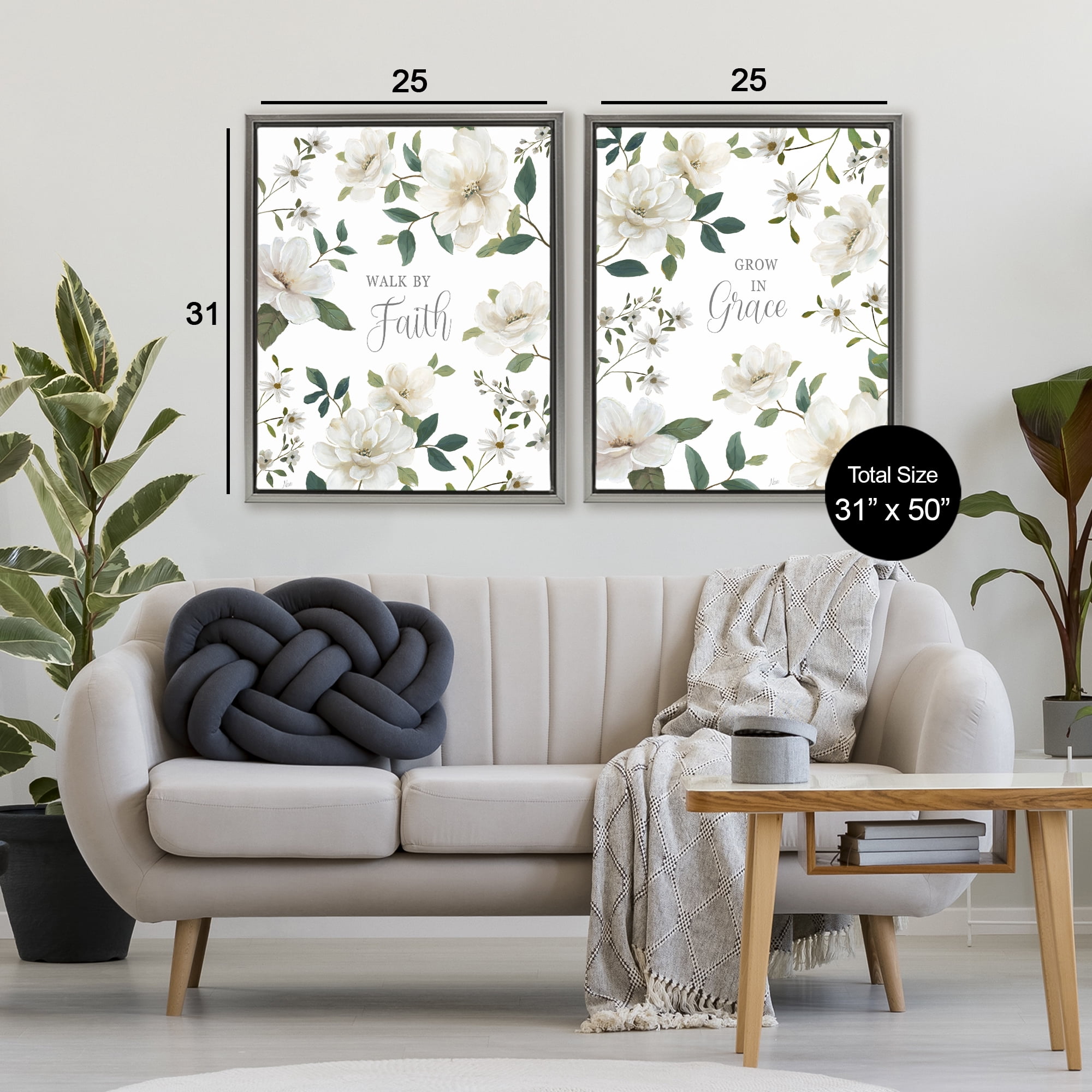 Stupell Industries Spiritual Faith Sayings with Florals 2 Piece Gray Framed Floater Canvas Set, design by Nan