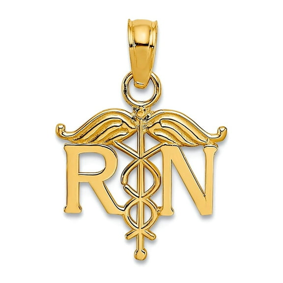 14k Yellow Gold Polished Registered RN Nurse Caduseus Pendant Necklace 15x12mm Wide Pendant for Women