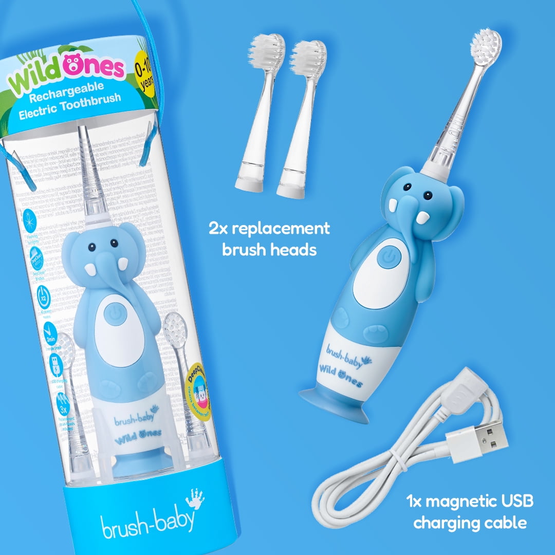 Brush-Baby WildOnes Kids Electric Toothbrush, Evie Elephant, Rechargeable, Timer, Waterproof, Soft Bristles, 0-10
