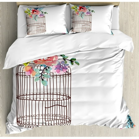 Watercolor Queen Size Duvet Cover Set, Sketch of a Bird on an Empty Cage with Colorful Flowers Nature Imagery, Decorative 3 Piece Bedding Set with 2 Pillow Shams, Brown Multicolor, by