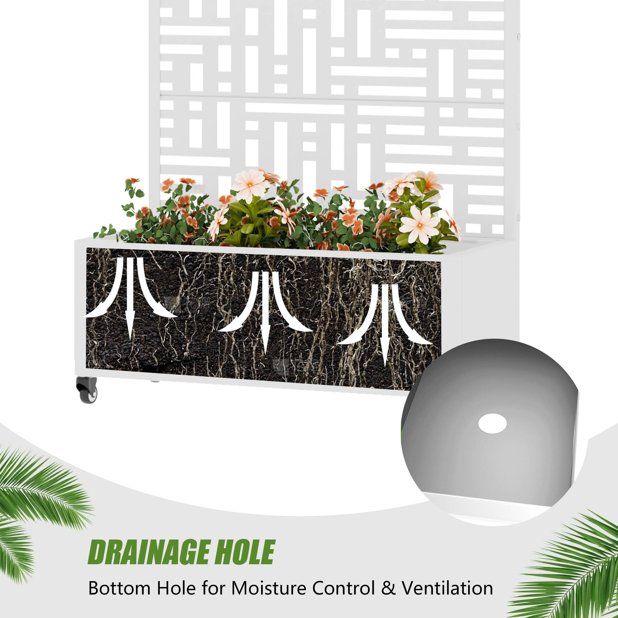 MAYEERTY 72X35" Metal Outdoor White Privacy Screen with Planter Box for Backyard & Garden, 5 Piece Set