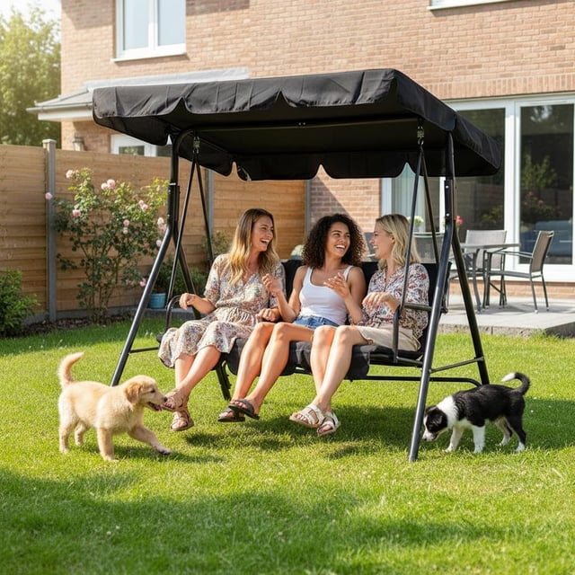 QinaQin Columpio para patio de 3 plazas con toldo, sombra ajustable y banca colgante para jardín, patio o backyard
