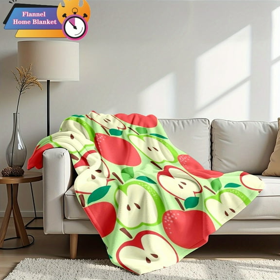 1pc 280gsm Cute Apple Pattern Flannel Blanket - Soft Cozy All-Season Polyester, Playful Green with Red & White Apples & Leaf Design, Contemporary Bedspread for Kitchen, Bedroom, Dorm Decor - Machine