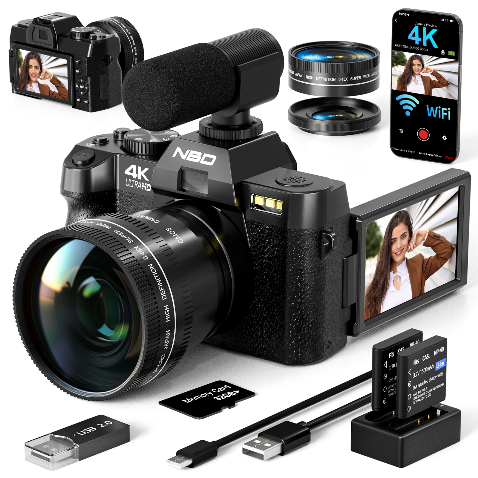 NBD Digital Camera 4K Ultra HD 48MP All-in-One Vlogging Camera with Wide Angle Lens, 16x Zoom and 3" Screen,Microphone