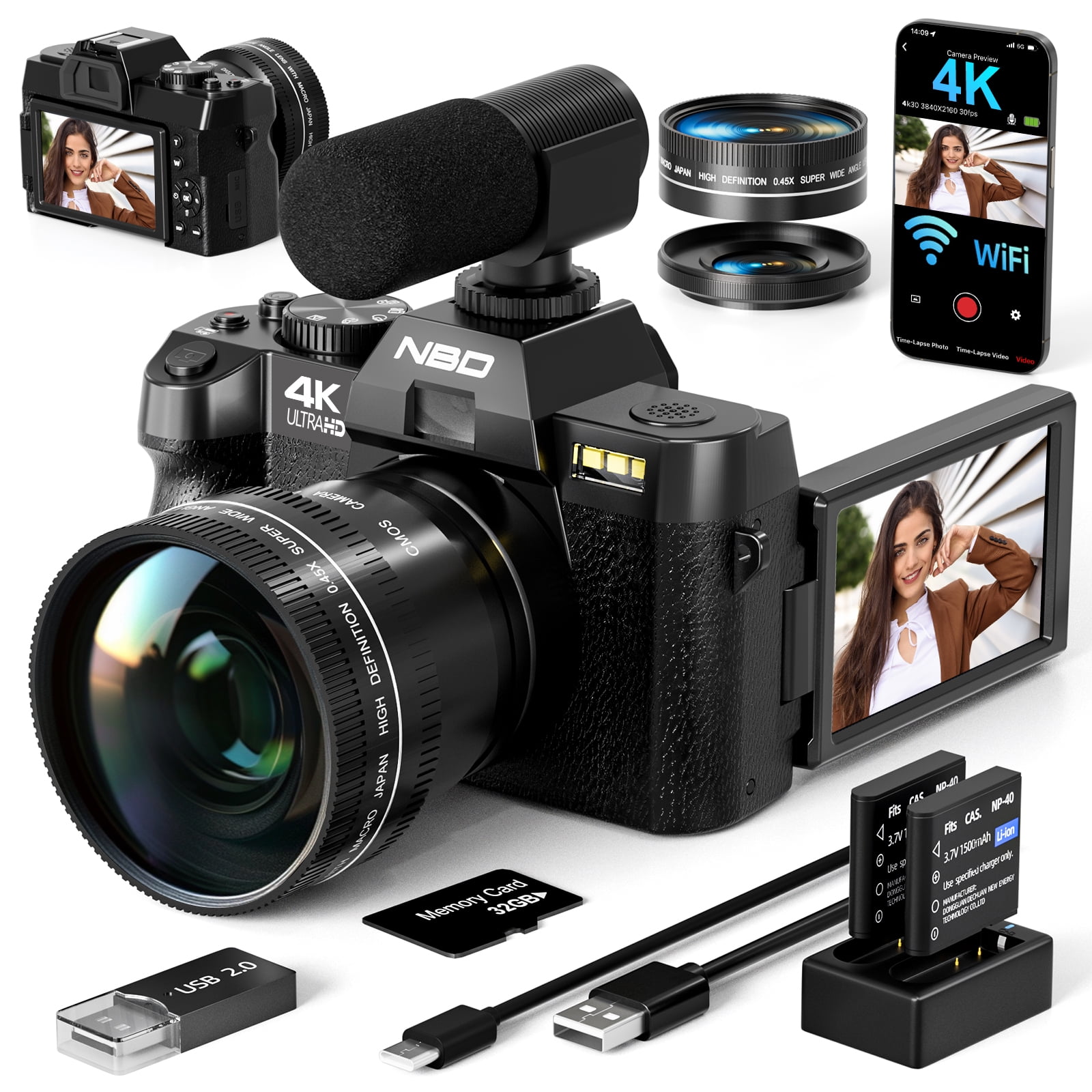 NBD Digital Camera 4K Ultra HD 48MP All-in-One Vlogging Camera with Wide Angle Lens, 16x Zoom and 3" Screen,Microphone