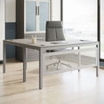 thumbnail image 2 of At Work Reversible Corner LShaped Desk  60"W x 60"D Warm Ash Laminate/Brushed Nickel Painted Steel Frame, 2 of 7