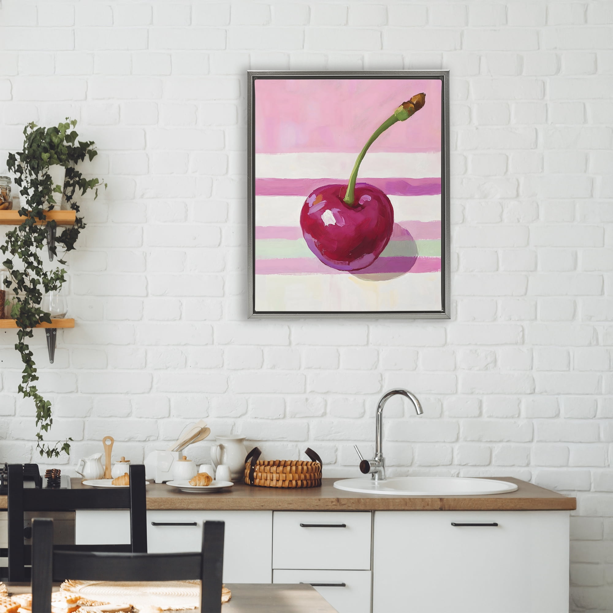 Stupell Industries Cherry on Pink Stripes Gray Framed Floater Canvas Wall Art, design by The Prints Vibe