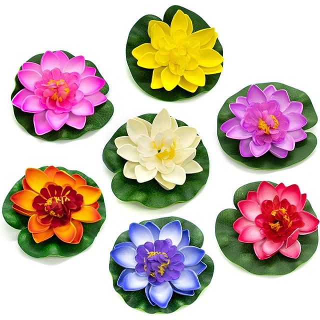 Paquete de 7 flores de loto de espuma flotante artificiales, plantas de estanque de lirio de agua, decoración de jardín para el hogar, 4 "de diámetro
