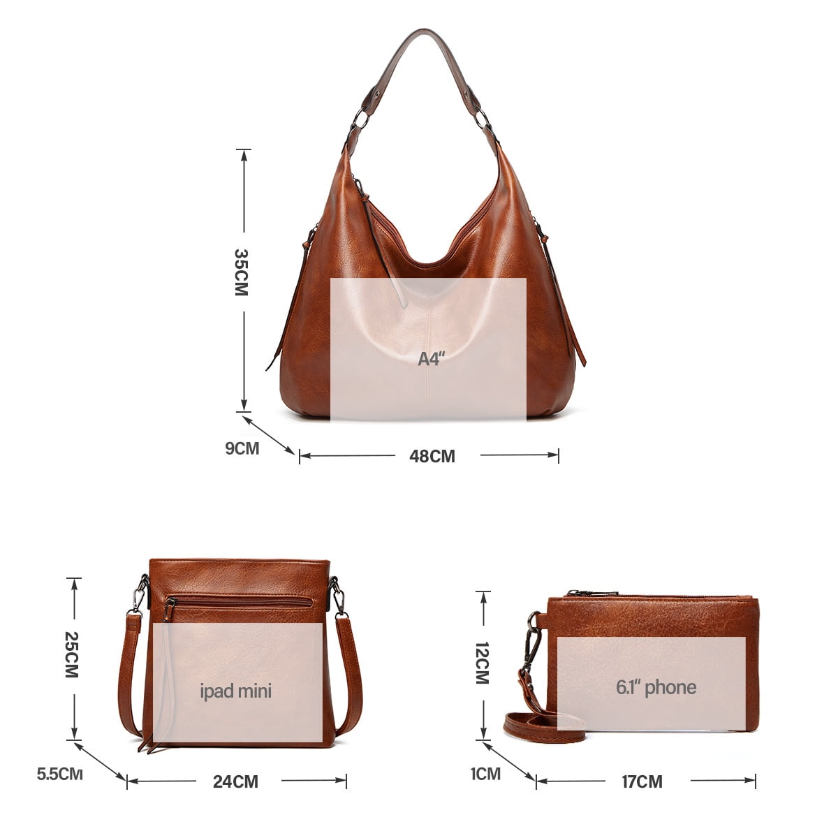 Sendfen Women's Leather Hobo Bag with Wristlets Crossbody bag, Brown, 3-Piece