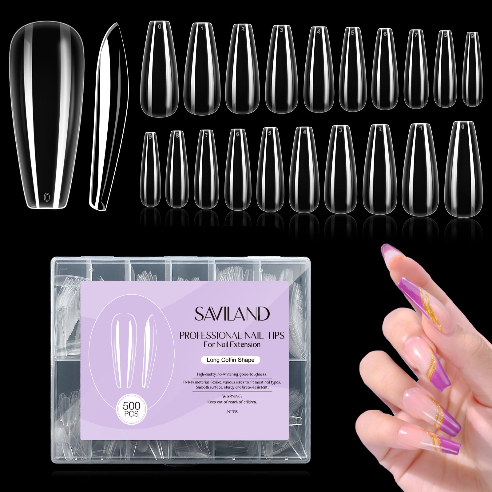 Saviland 500Pcs Clear Acrylic Nail Tips Full Cover Coffin Fake Nail