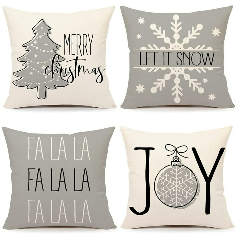Husfou 4pcs Christmas Pillow Covers, 18x18 inch Farmhouse Linen Pillowcase for Xmas, Merry Tree Joy Let It Snow FA LA LA Throw Pillow Covers for Couch Winter Holiday Home Decorations