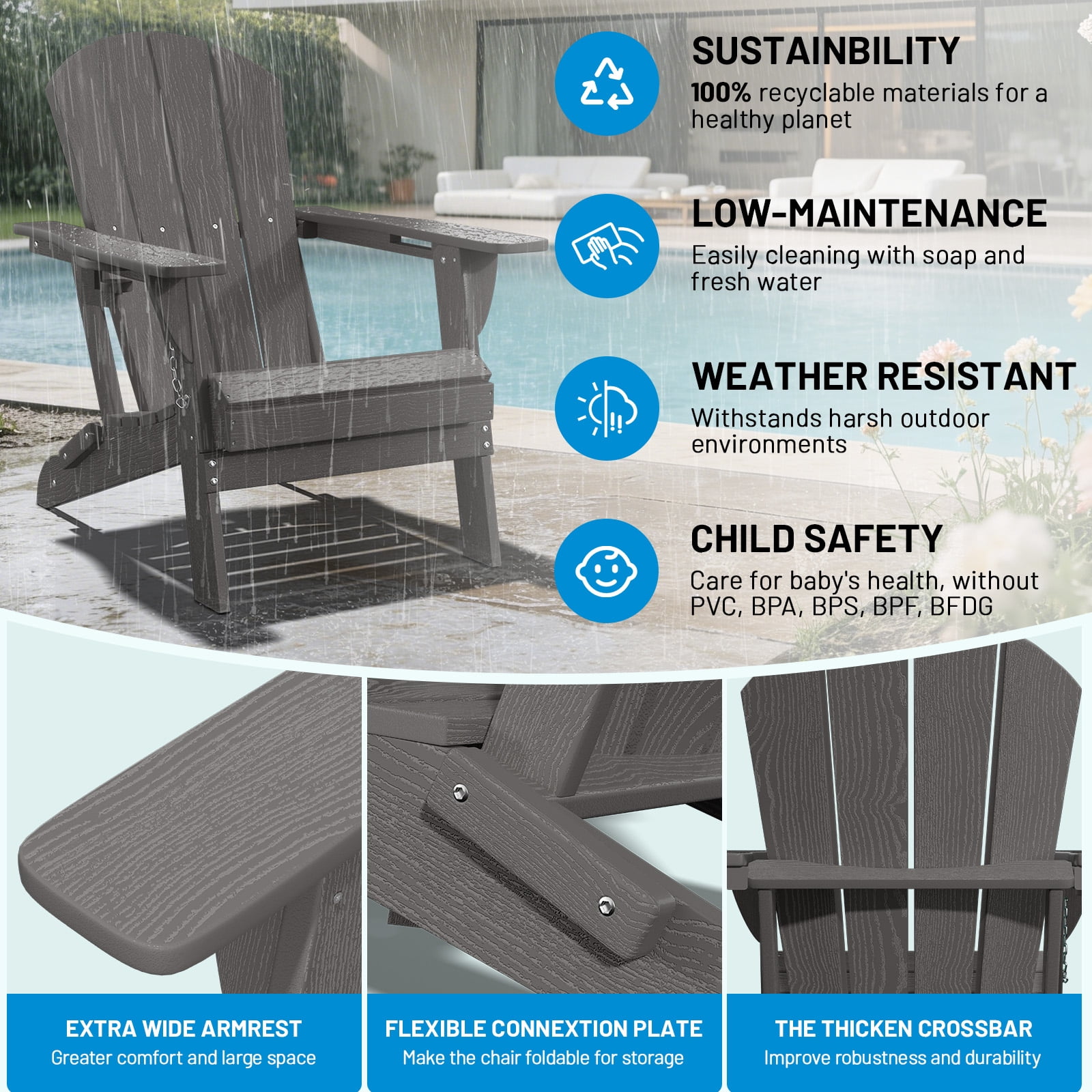 Easthome Adirondack Chair Set of 2, HDPE All-Weather Patio Chairs with Cup Holder & 380lb Capacity, Outdoor Lawn Chairs for Deck, Garden, Poolside, Patio - Gray