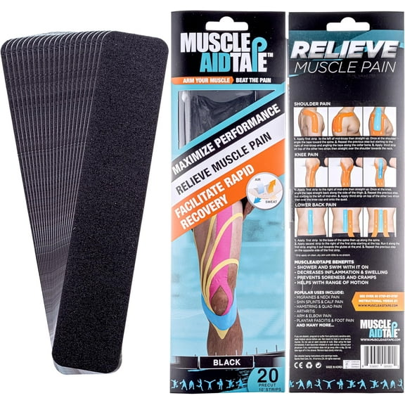 MuscleAid Pre-Cut Kinesiology Tape Strips for Knee, Back, Shoulder, Ankle, Elbow, Face & More, Kinesio Support for Movement, Flexible & Water Resistant, Athletic Use, Easy to Apply, Black