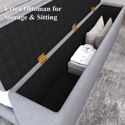 E-motie Full Upholstered Bed Frame with Storage Ottoman, Charging Station and LED, Gray Full Bed