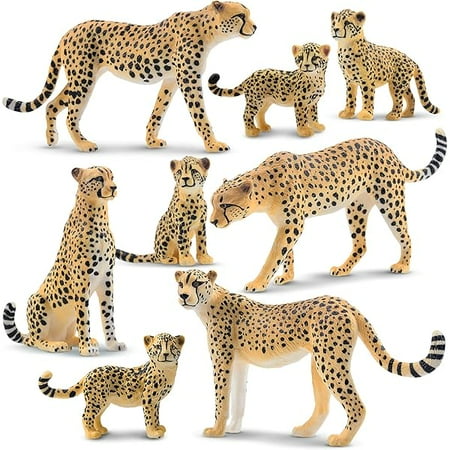 Toymany 8PCS Cheetah Figurines with Cheetah Cubs, Realistic Jungle Zoo Animals Figurines Family Set, Educational Toy Cake Toppers Christmas Birthday Gift for Kids