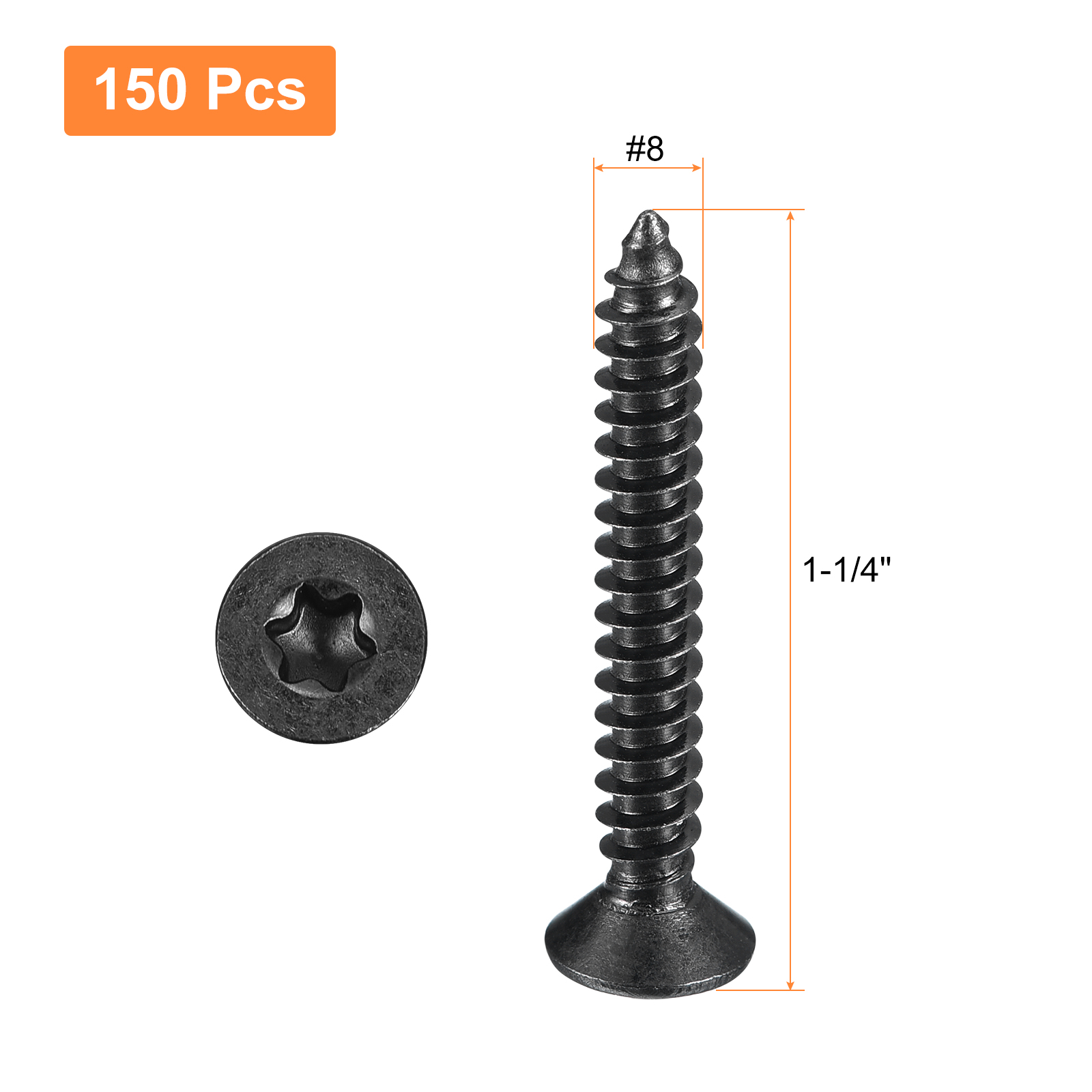 #8 x 1-1/4-inch Flat Head Torx/Star Wood Screws, 150 Pcs 304 Stainless Steel, Full Threaded, Black Coated, Fit T20 Bit