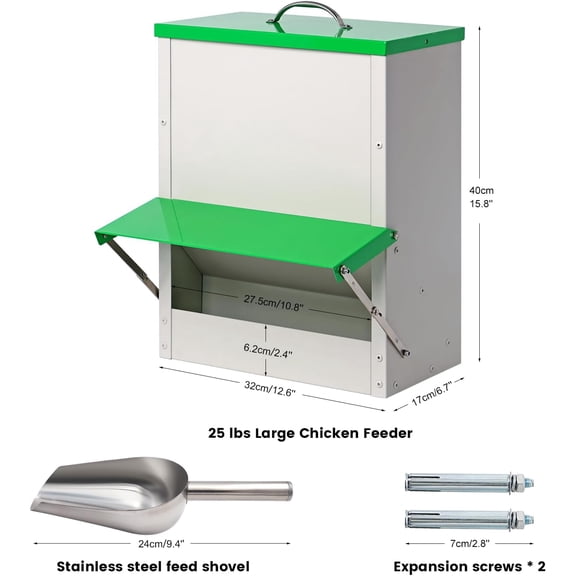 25lb Automatic Chicken Feeders Metal Poultry Feeder no Waste Large Chicken Coop Feeders with Lid Hanging Chicken Feeder Trough for Quail Chickens Ducks Feeder Outside Waterproof Chicken Feeder