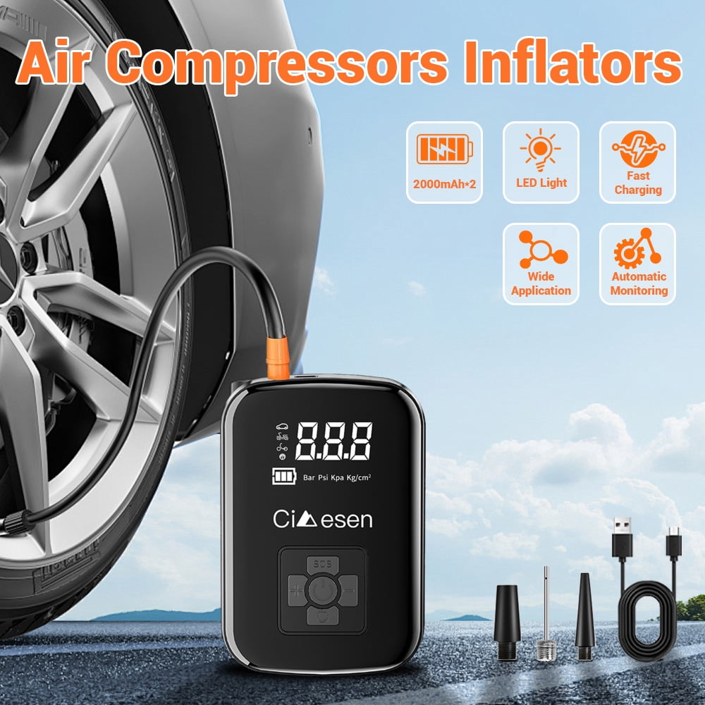 Portable air compressor - 2X Fast cordless air pump for car tires, motorcycles, bicycles pump - 150 PSI automatic tire inflator with pressure gauge