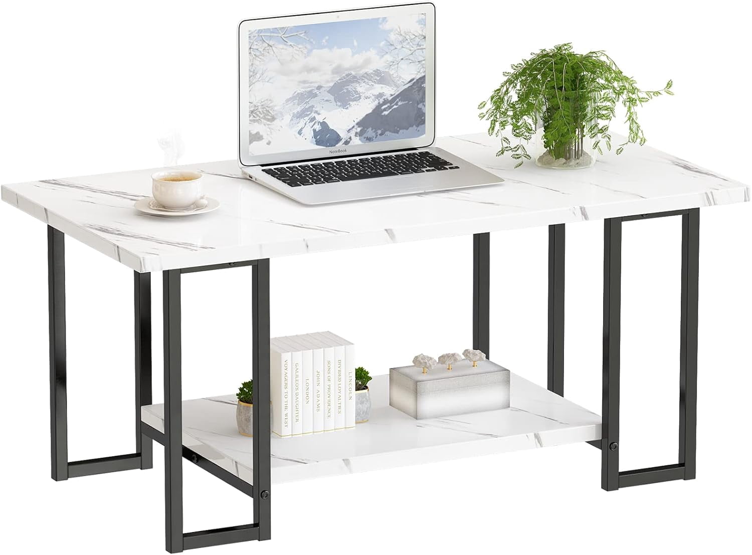LinkRomat Modern Coffee Table, 40" Faux Marble Top Rectangular Coffee Table with Black Metal Frame, 2 Tier Living Room Table for Living Room, Office, Balcony, White