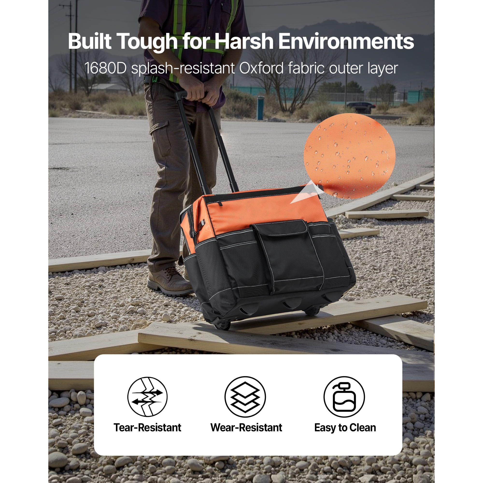 KFFKFF Rolling Tool Bag with 110 lbs Capacity, 27 Pockets, Durable Design with Wheels, Adjustable Handle and Stable Base, Ideal for Construction and Mechanic Tool Organization