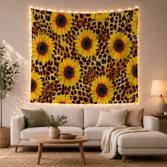 Golden Sunflowers Across Leopard Spots, Playful Boho for Flower Lovers, Botanical Wall Art, Housewarming Gift, Tapestry Wall Hanging for Bedroom and Living Room