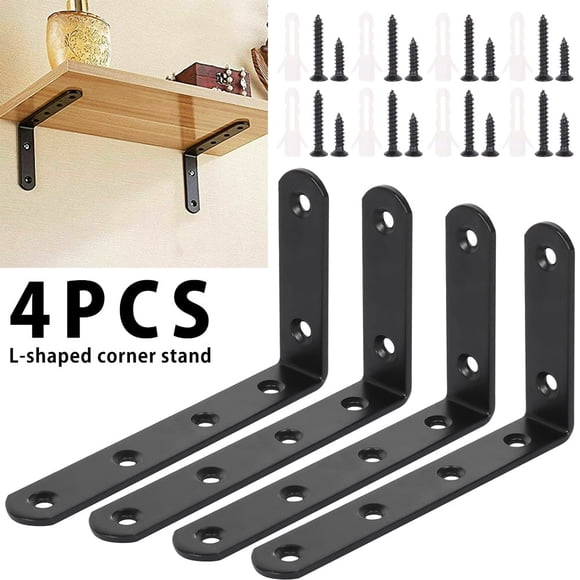 JUNWELL 4pcs Shelf Bracket Heavy Duty Black Steel L Corner Brace, Decorative Joint Angle Bracket for Shelf 5 InchX3 Inch Shelves Wall Hanging Bracket with Screws