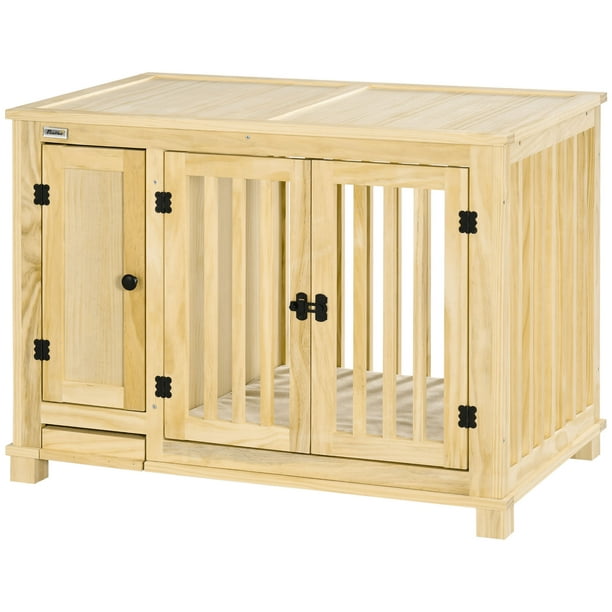 Dcenta Wooden Dog Crate, Indoor Dog Kennels with Cushion Drawer Bowl