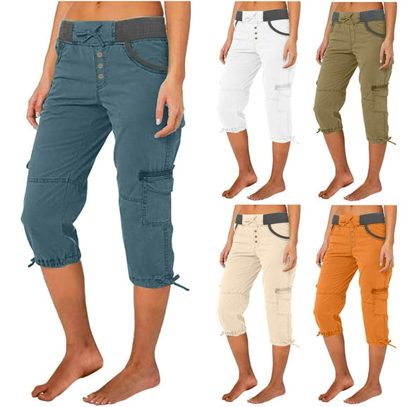 BiZtdJrK Solid Capris for Women Knee Length Jogger Hiking Cargo Pants Lightweight Slim Fit Outdoor Capri Pant with Pockets Beige S