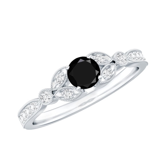Rosec Jewels Natural Black Onyx Engagement Ring with Diamond - Vintage Style Ring - AAA Quality - with Jewelry Box, 925 Sterling Silver, US 4.00